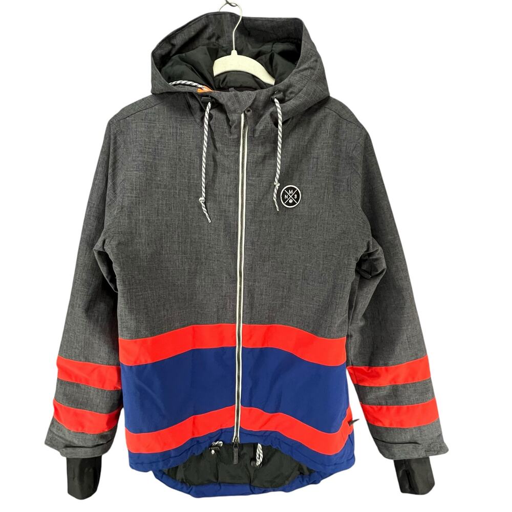 Nomis Ski Snowboard Jacket Mens S Gray‎ Blue Red Hooded Full Zip Parka Winter